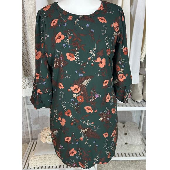 Skies Are Blue Women's Size L Green Floral Ruffle Sleeve Shift Dress #0563 - Picture 1 of 13